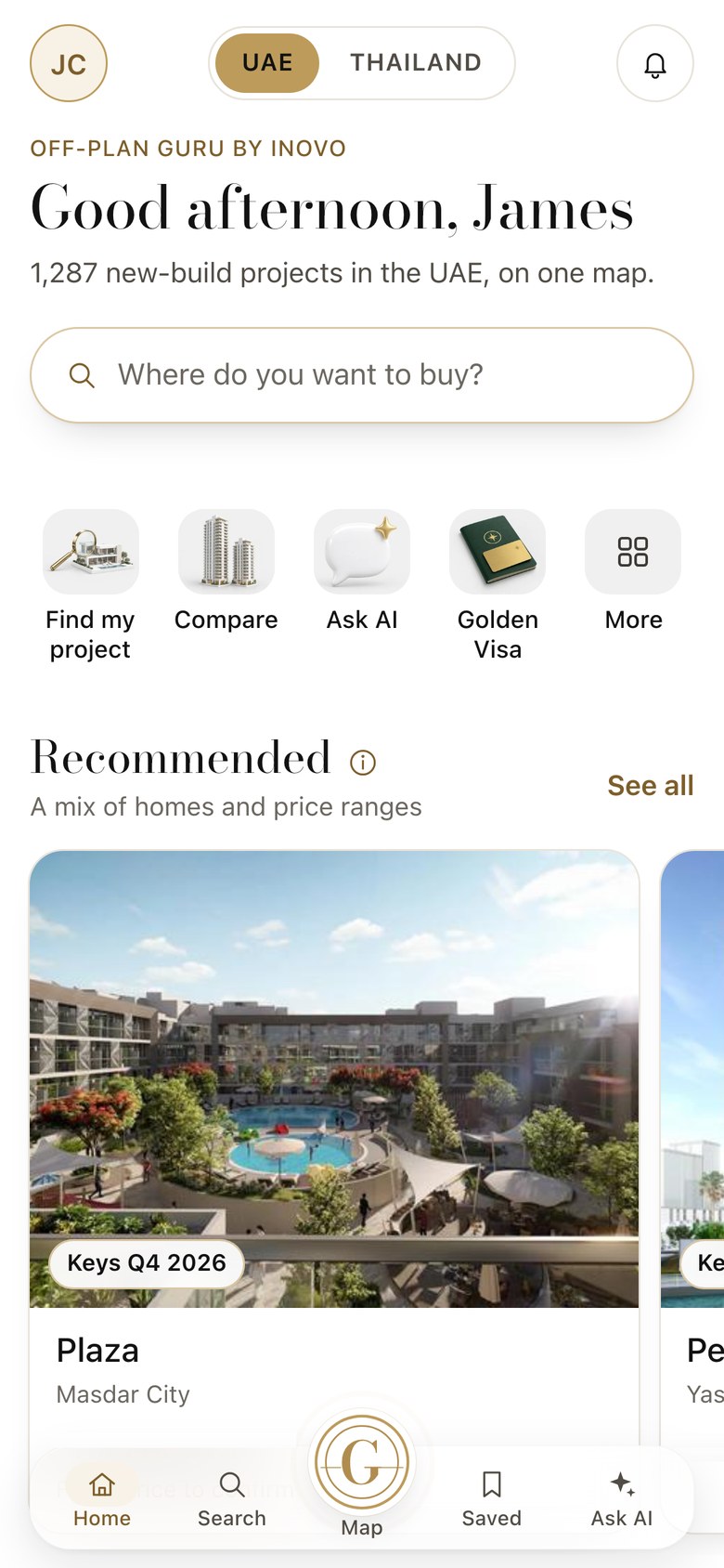 Off-Plan Guru home screen with search, shortcuts and recommended projects