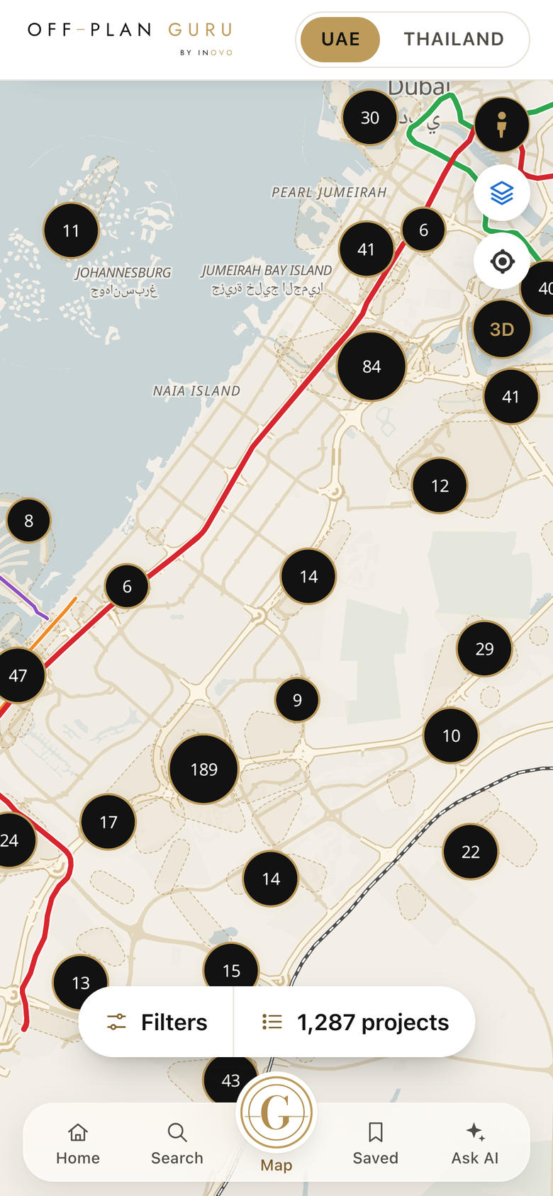 The map of Dubai with project clusters and the Filters button